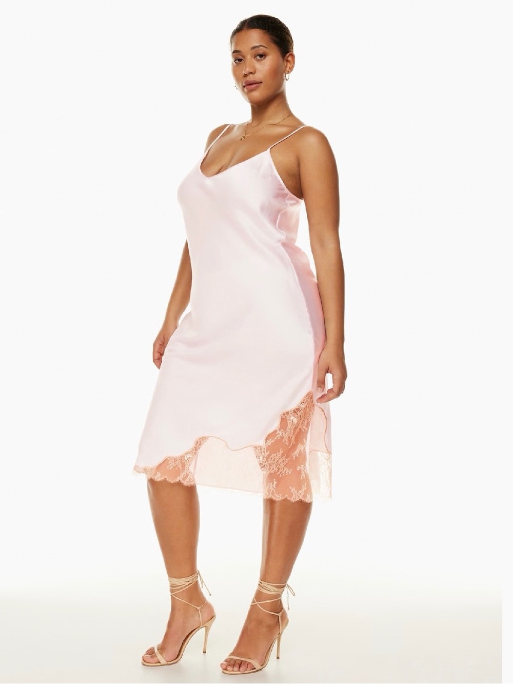 Aritzia Wilfred Blush Pink Satin Slip Dress with Lace Trim size M like new